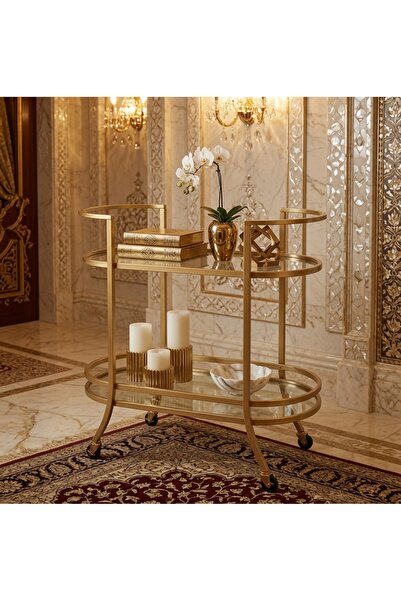 YINZUO YIZNUO Fully Assembled Bar Cart with 2 Tempered Glass Shelves, Rolling Serving Trolley with Lockable Wheels, Welded Metal Frame