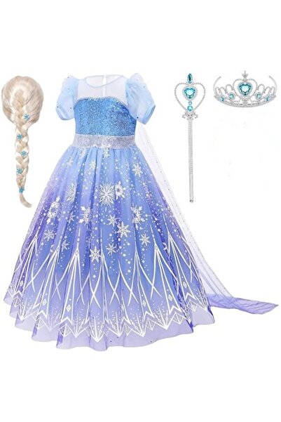 Funny Party Shop Costum Elsa Frozen pentru fete, rochie cu pelerină, perucă, ...