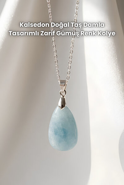 Elifsu Jewelry قلادة من العقيق الأبيض بتصميم قطرة من الحجر الطبيعي بلون فضي أنيق