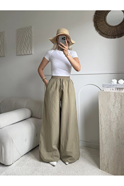 SUMEF Khaki wide leg elastic waist organic fabric 100% cotton standard size 3...