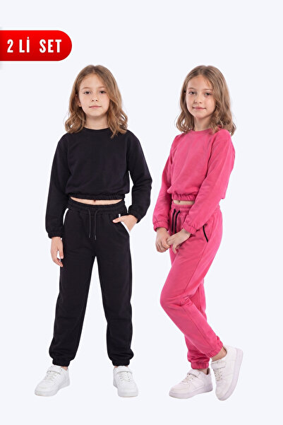 FYK KİDS 2-Piece Round Neck, Elastic Waist, Cropped Cut, 4-Piece Girls' Top a...