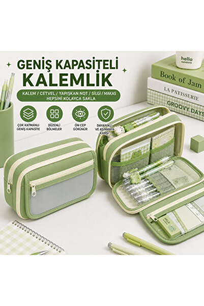 Kawaii Çok Bölmeli Geniş Kapasiteli Basic Kalemlik Kalem Kutu - Yeşil