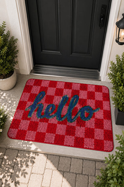 Zetahalı Modern Digital Print Doormat - Stylish Red Checkered Doormat with He...