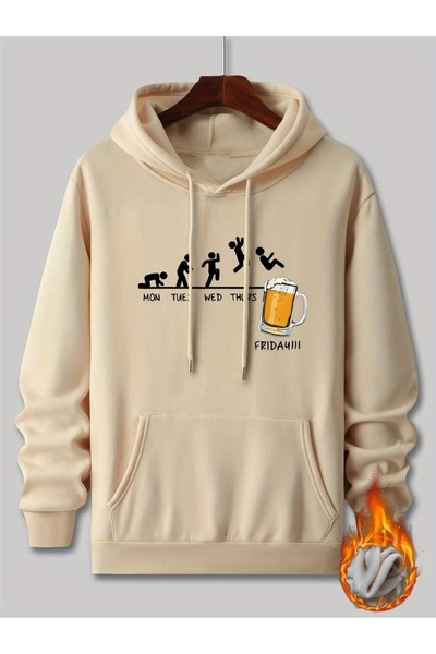 WESTİMO Men's Beige Beer Printed 3 Thread Hooded Hoodie Sweatshirt