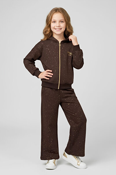 MODANINO Girl's Glittery+Zippered+Hooded Top and Bottom Set 3-12 Years 12749Ds