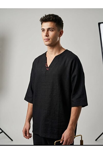 morche Men's Linen-Like Hand-Stitched Bohemian Style Casual Ethnic T-Shirt