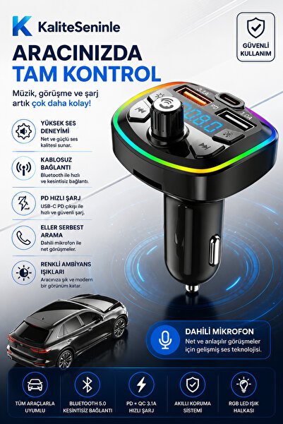 Bluetooth Araç Çakmaklık FM Transmitter | 48W PD Hızlı Şarj | HD Çift Mikrofon | Araç Şarj Cihazı