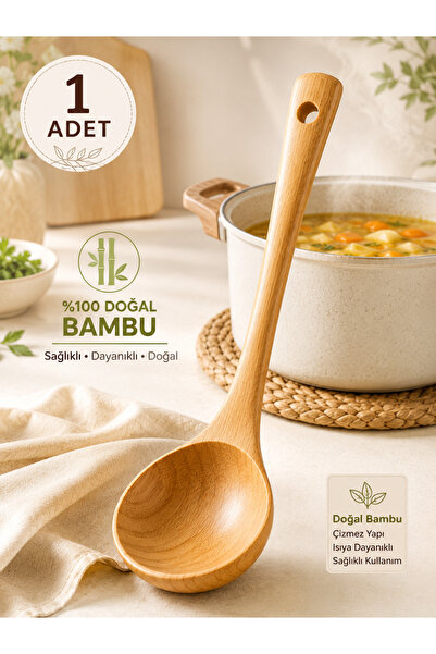 EUROLUXE 1 Adet Doğal Bambu Çorba Kepçesi 26 cm Ahşap Yemek Servis Kepçesi Çi...