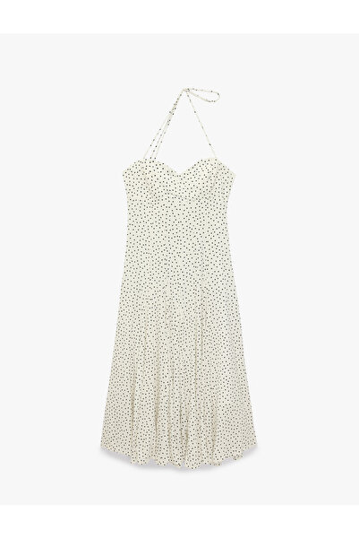 Koton Viskon Boyundan Bağlamalı Kalp Yaka A Kesim Puantiyeli Uzun Elbise
