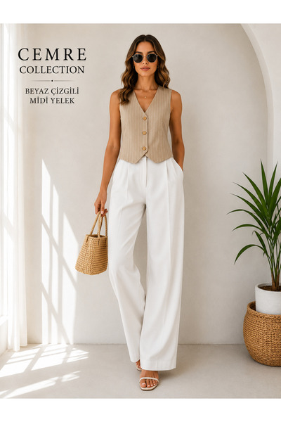 Cemre Collection Bezayağı kumaşdan Beyaz çizgili minimal yelek