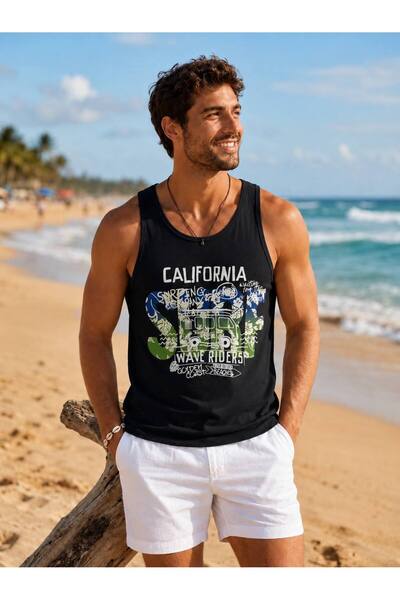 İLKCET MODA Men's Beach Themed Printed Oversize Tank Top