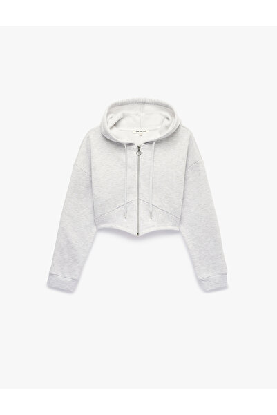Koton Şardonlu Uzun Kollu Kapüşonlu Korse Detaylı Fermuarlı Crop Sweatshirt