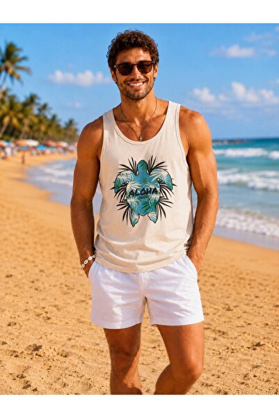 İLKCET MODA Men's Beach Themed Printed Oversize Tank Top