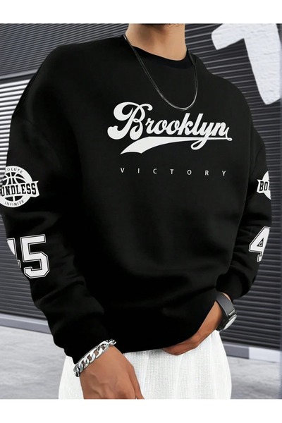 ZAVIXO Erkek Oversize Sweatshirt Brooklyn Baskılı Bisiklet Yaka Streetwear Gü...