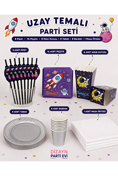 Dizayn Parti Evi Uzay Temalı Parti Seti – 8 Pipet, 16 Peçete, 8 Mısır Kutusu ...