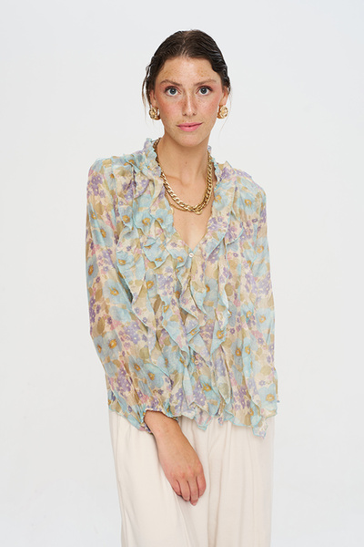 Orfeo Negro Women's V-Neck Ruffled Floral Print Shirt