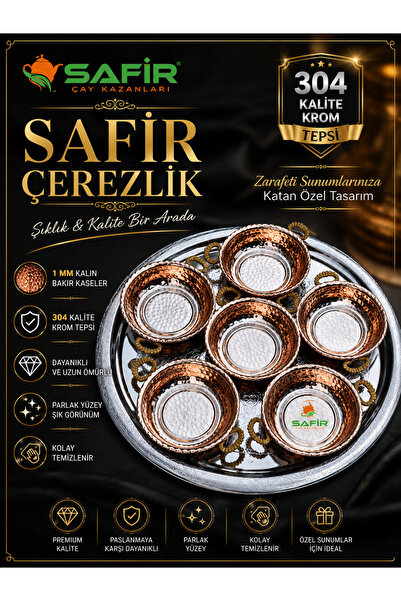 SAFİR ÇAY KAZANLARI Sapphire Snack Bowl Breakfast Set Chrome Tray 6 Pieces Co...