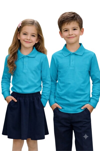 ERDEM KIDS تي شيرت مدرسي أساسي يومي باللون الفيروزي بأكمام طويلة من القطن ويا...