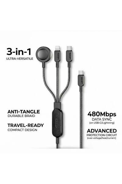Spoon كيبل شحن سريع 3 في 1 بقدرة قصوى 100 واط – Type-C وLightning وشاحن ساعة ...