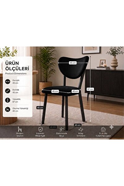 Mutfak Sandalyesi Modern Siyah Kumaş Salon Sandalyesi Siyah Metal Ayak Elma Model