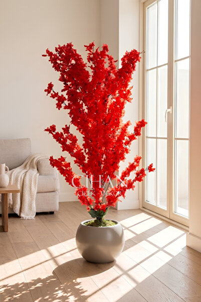 Cihan Çiçekçilik Yapay Kırmızı Sakura Kiraz Çiçeği Ağacı 120 cm - Küre Plasti...
