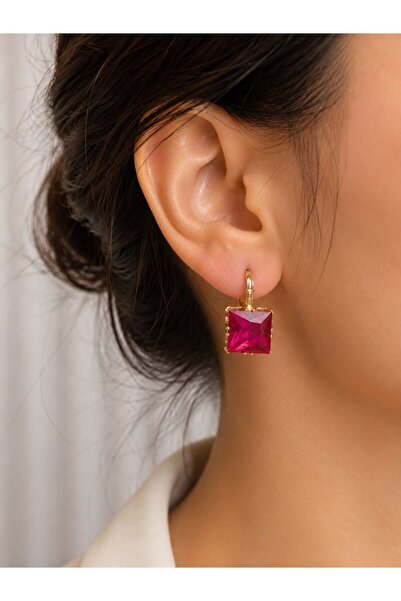 MARE BUTİK Fuchsia Square Crystal Stone Gold Earrings