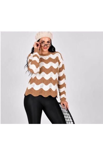 Generic Brand Women's Zigzag Knit Detailed Striped Crew Neck New Season Knitw...
