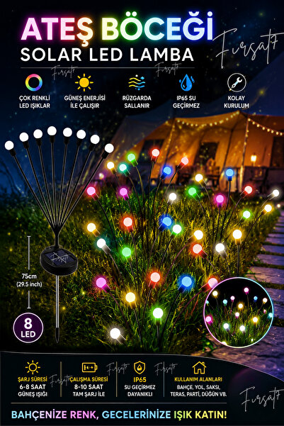 Fırsat7 1 ADET GÜNEŞ ENERJİLİ 8 LED'Lİ RENKLİ ATEŞ BÖCEĞİ KAZIKLI LED BAHÇE A...