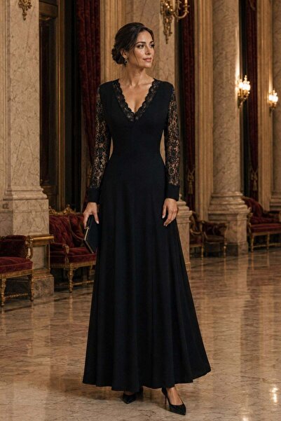 Mossta V-Neck Lace Sleeve Long Crepe Dress - Black