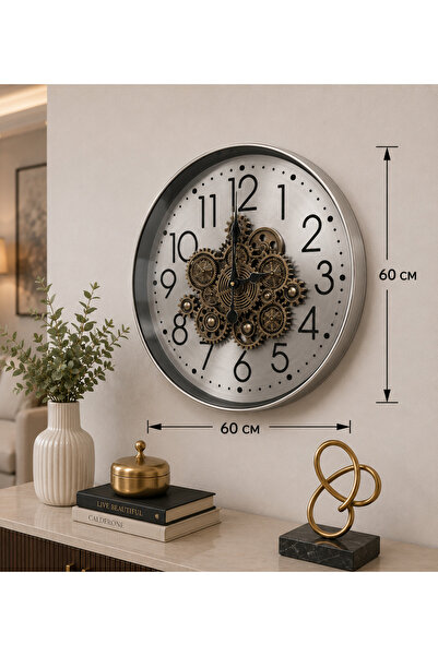 Hinora Modern Dekoratif Duvar Saati 60 cm Hareketli Çarklı Sessiz Salon ve Of...