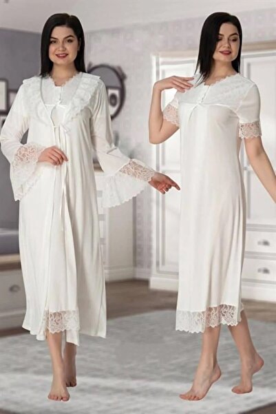 Effortt Dvina Maternity Lace Detailed Dressing Gown and Short Sleeve Nightgow...