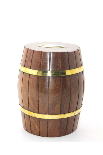 OSKA GLOBAL Brass Wooden Barrel Piggy Bank 15 cm Wb538