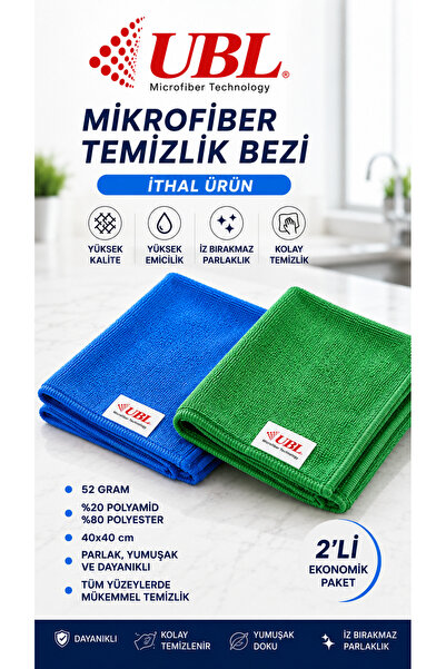 UBL Mikrofiber Bez üniversal parlak doku 2’li Paket 40x40 52gr mavi ve yeşil