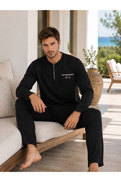 İpek Men's Long Sleeve Three Button Cotton Pajama Set