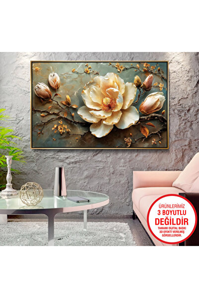 EMYA HOME Gold Metal Çerçeveli Kabartma Görünümlü Çiçekler Kanvas Tablo