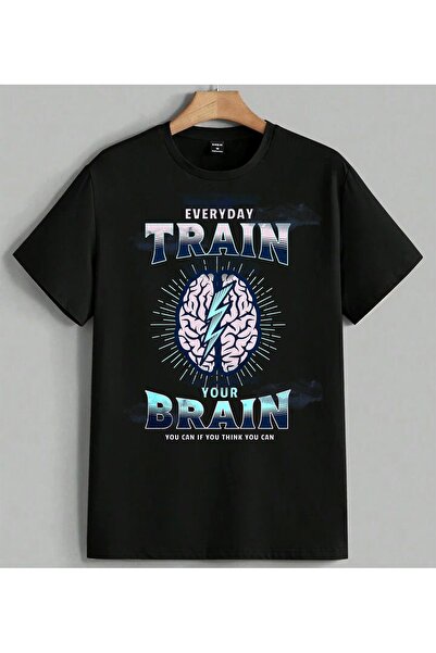 ELFERA Μπλουζάκι Unisex Oversize με στάμπα Everyday Train Brain, Μαύρο