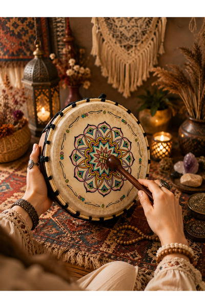 HEPBİMODA Şaman Davulu 30 cm | El Yapımı Mandala Desenli Meditasyon ve Ritüel Davulu