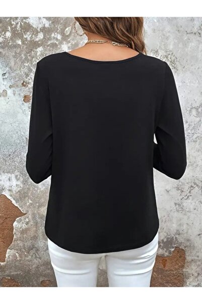 oniks store Women's Long Sleeve Round Neck Double Color Lace Detailed Viscose...