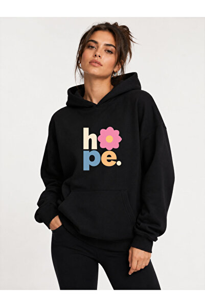 herkesemoda Hope Floral Printed Hooded 2 Thread Threaded Sweatshirt