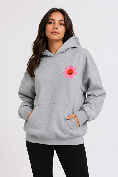 herkesemoda Emoji Flower Printed Hooded 2 Thread Threaded Sweatshirt