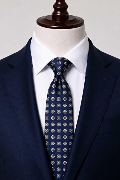 Kravatkolik Navy Blue Small Pattern Italian Silk Tie İk2561