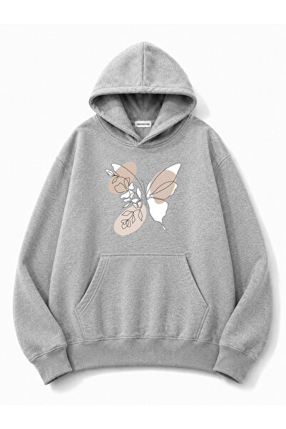 herkesemoda Butterfly Printed Hooded 2 Thread Threaded Sweatshirt