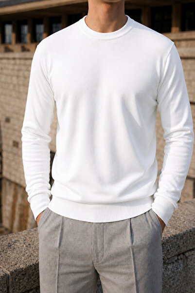 comstar Men's Winter Crew Neck Slim Fit White Basic Sweater