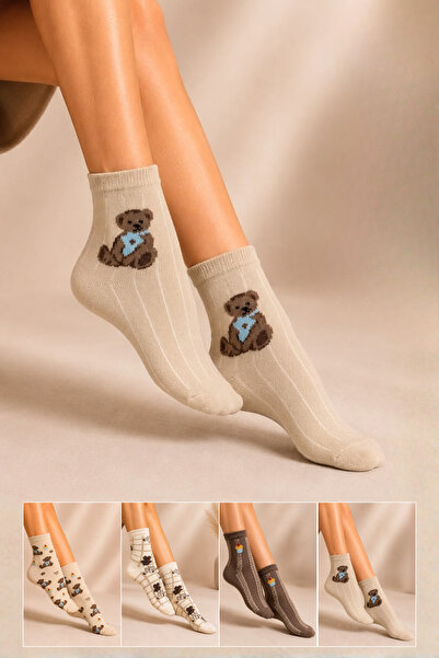 KARDEŞLER ÇORAP Women's Cotton Half-Toe Patterned Socks Multi-Colored 4-Pack