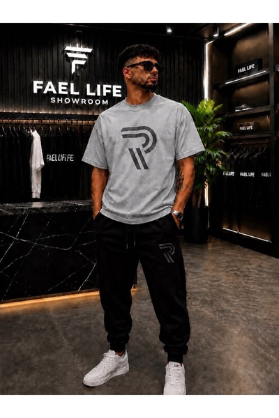 FAEL LİFE طقم تي شيرت وبنطلون رياضي واسع للجنسين مطبوع عليه R