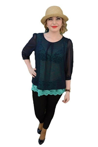 OEM Bluza rafinata de ocazie, voal bleumarin cu dantela turcoaz