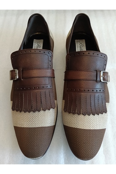 Butik Tülin Men's Linen Coffee Beige Thick Striped Textured Genuine Leather T...