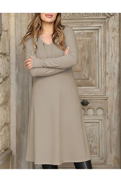 Veraura Lifestyle Women's Long Sleeve V-Neck Loose Midi Acrylic Dress