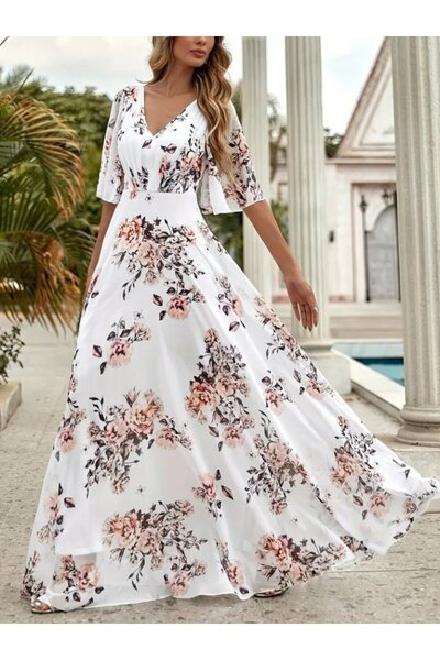 Simala Women's Short Sleeve V-Neck Floral Print Single Jersey Dress
