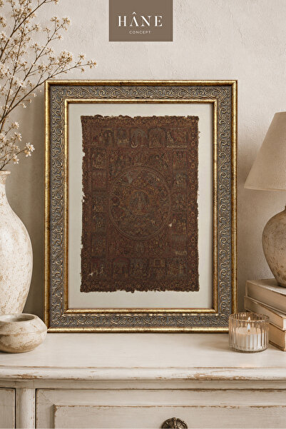 Hane Concept Vintage Antik Desen Tablosu, Eskitme Gold Çerçeveli Duvar Dekoru
